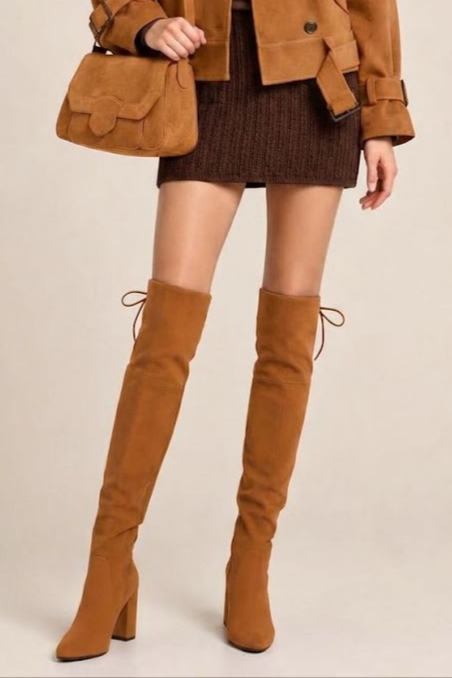 Women's camel custom-made thigh-high boots with round toe and high block heel - Worn view